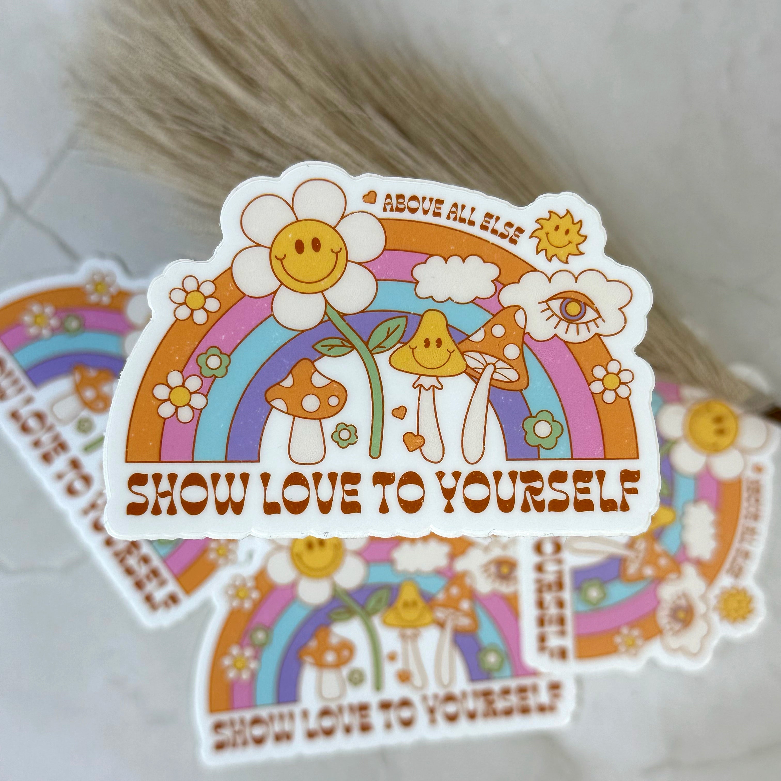 Colorful sticker with a smiley flower, rainbow, and mushrooms on a white background