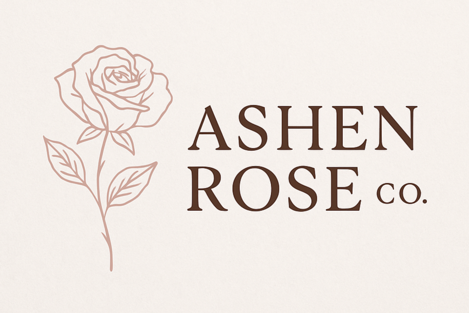 Logo of Ashen Rose Co. with a rose illustration on a light background